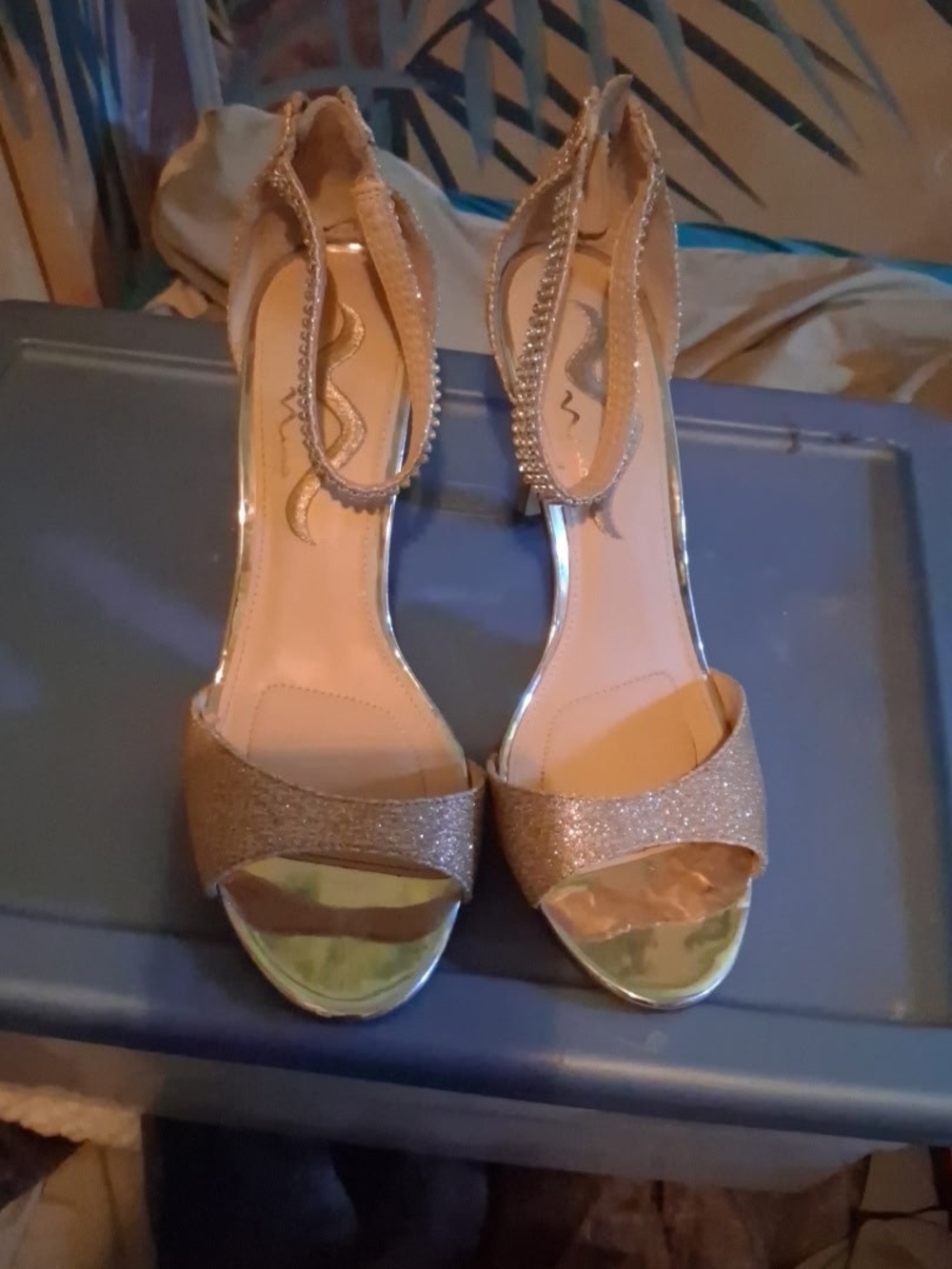 Women's Glitter Ankle-Strap High Heels - Gold